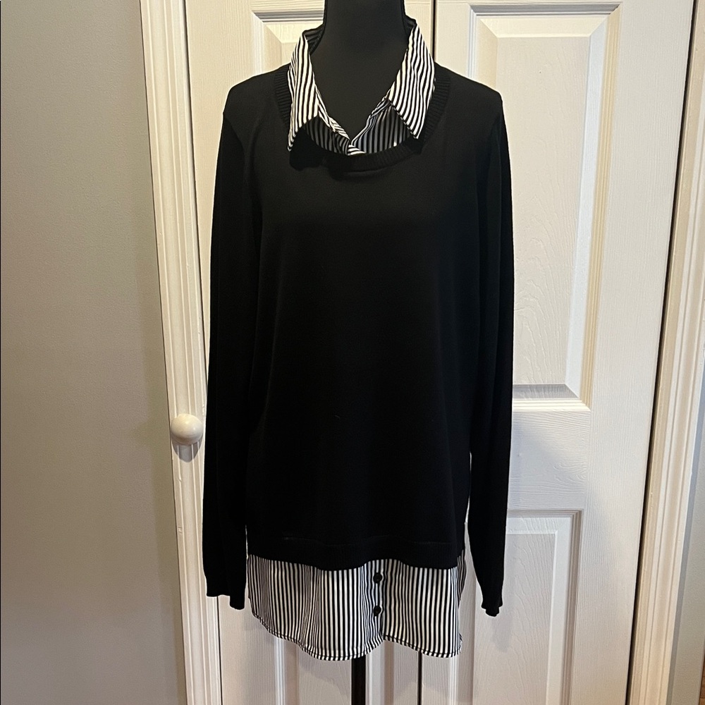 Black Layered-Look Long Sleeve Pullover with Striped Shirt Hem